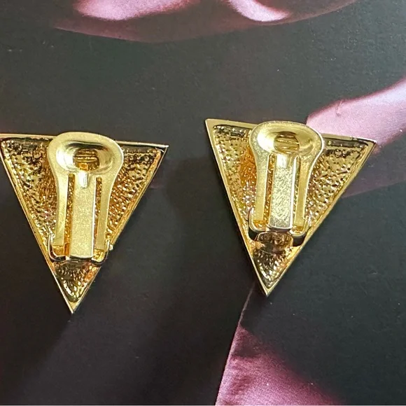 1990s Vintage Gold Tone Triangular Clip On Earrings with Clear Crystal Accents - Picture 9 of 11
